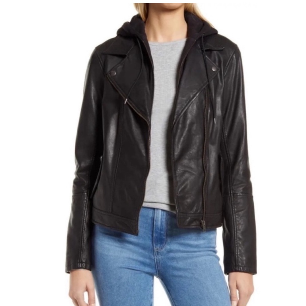 NEW Caslon Leather Moto Hooded Jacket BLACK, SIZE XS